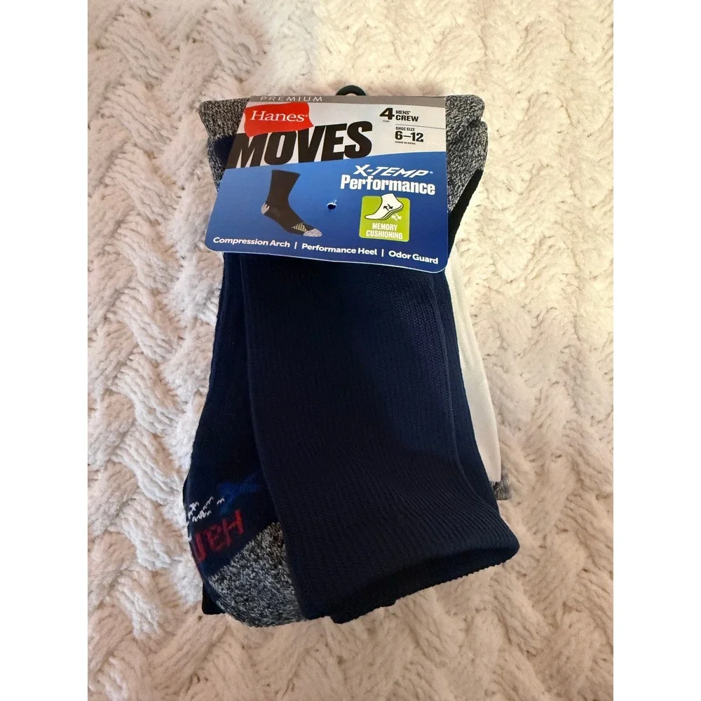 Hanes Premium MOVES X-Temp Mens Crew Socks 4 Pair Pack Navy Grey Size 6-12 NEW